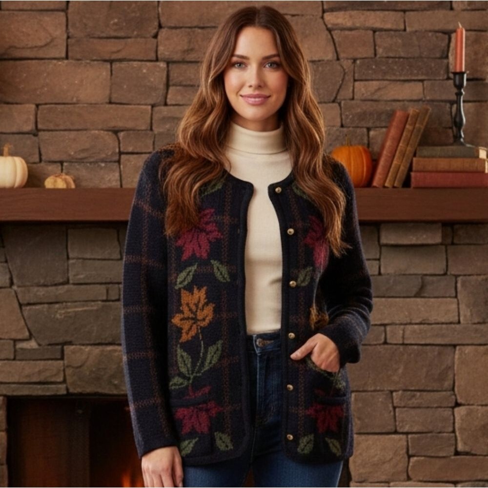 VTG 90s Classic Elements Fall Leaf Cardigan - Grandmacore Autumn Knit - Large